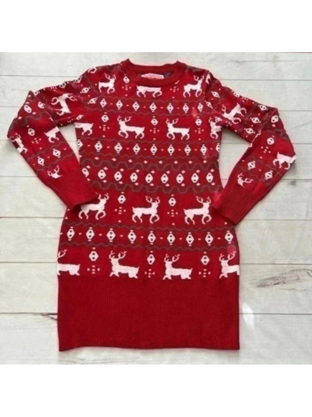Tipsy Elves Womens Fair Isle knit red reindeer sweater dress Size S